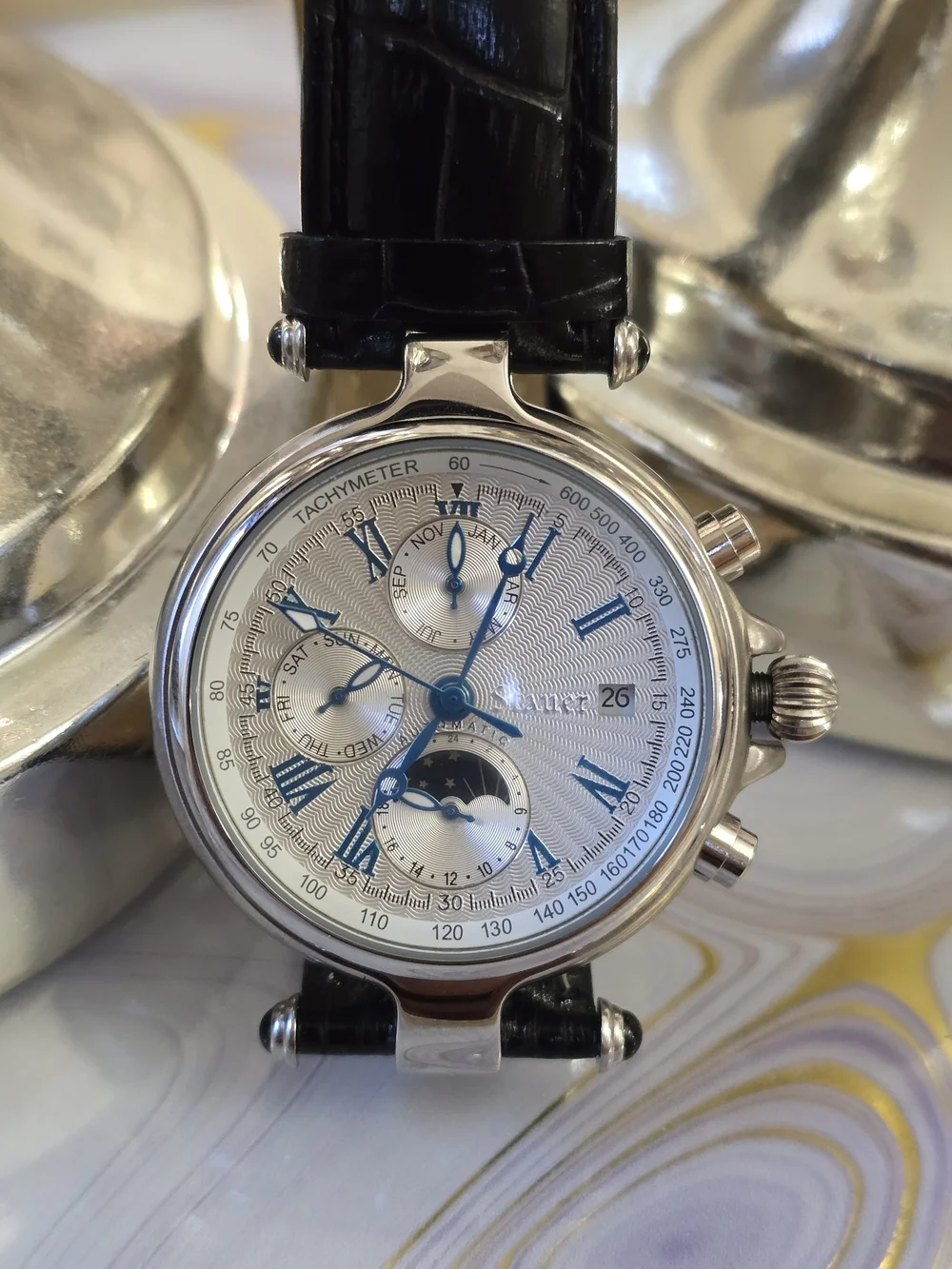 Stauer Men’s Silver Chronograph Watch with Blue Accents and Automatic Watch